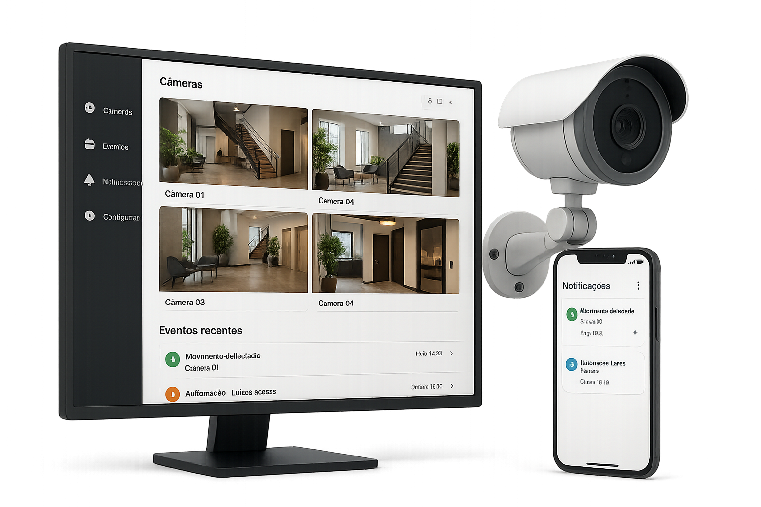Mockup de sistema com câmeras e app